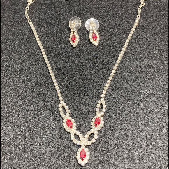 Faux Ruby and Diamond Necklace and Earrings - Picture 1 of 9